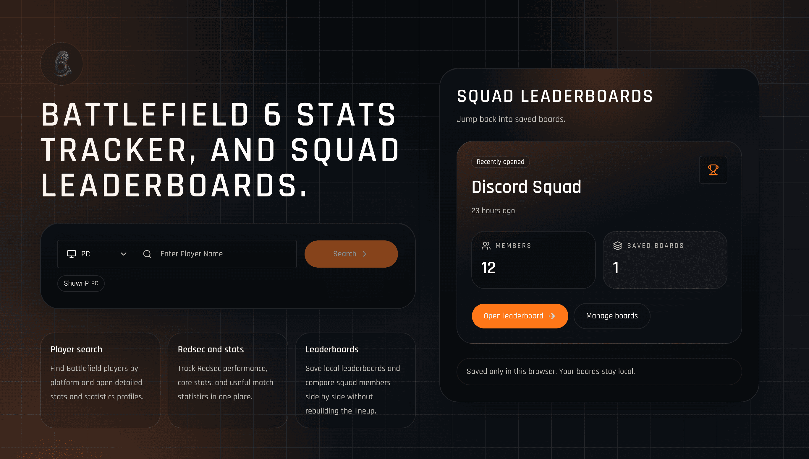 BF6 Stats — Battlefield 6 player stats tracker and squad leaderboard interface