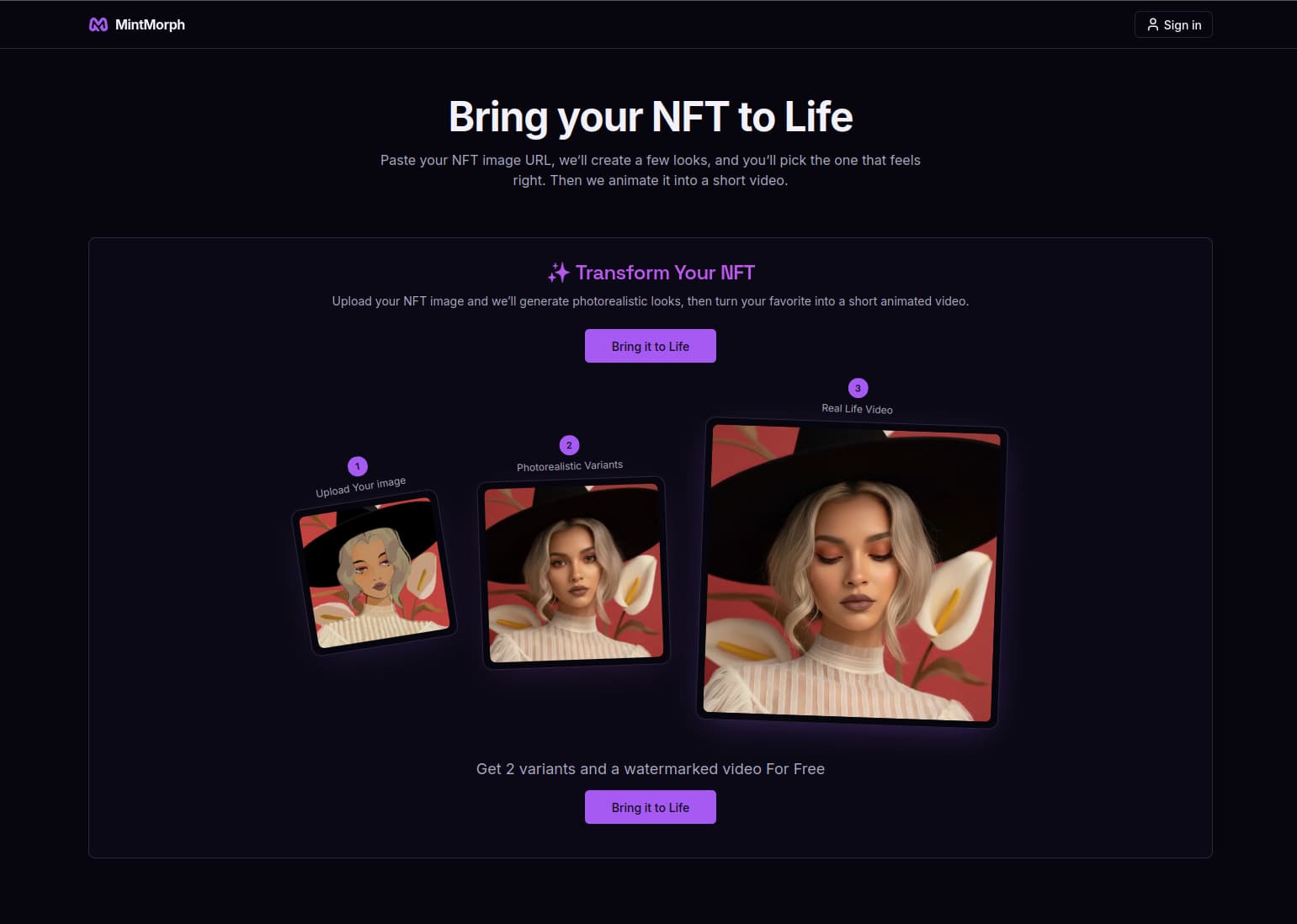 MintMorph app interface showcasing image to video artistic transformations