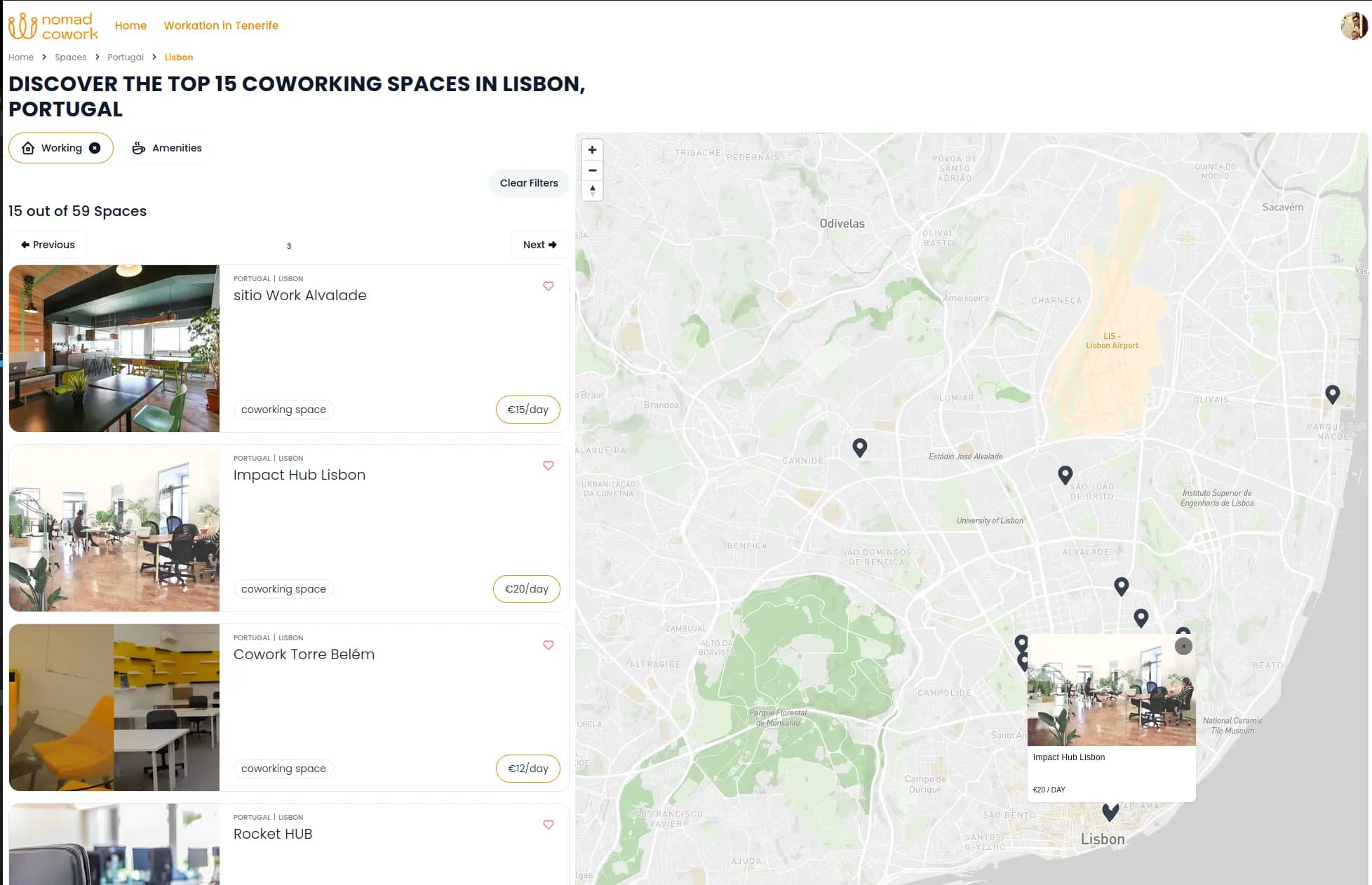 Browsing co-working spaces in Lisbon on nomadcowork.com